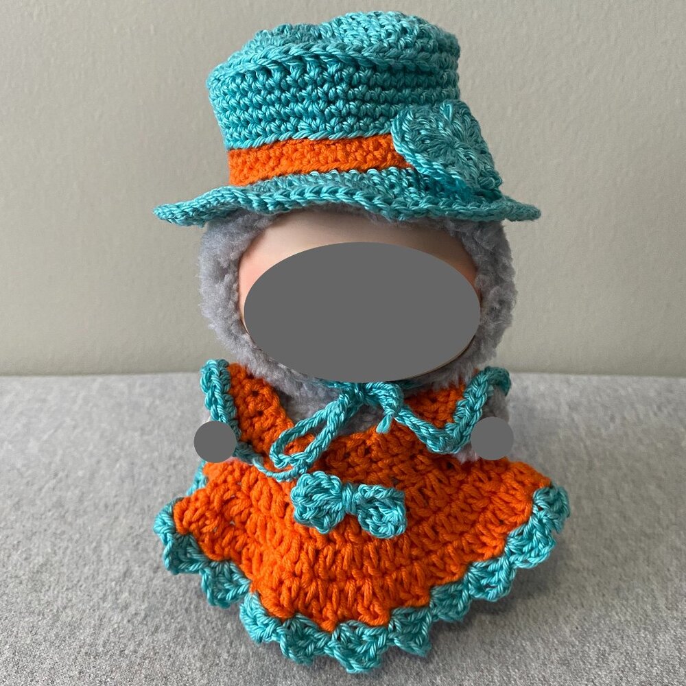 Handmade Crochet Blue Orange Top Hat Outfit for 17cm Plush Doll 2-Piece Set